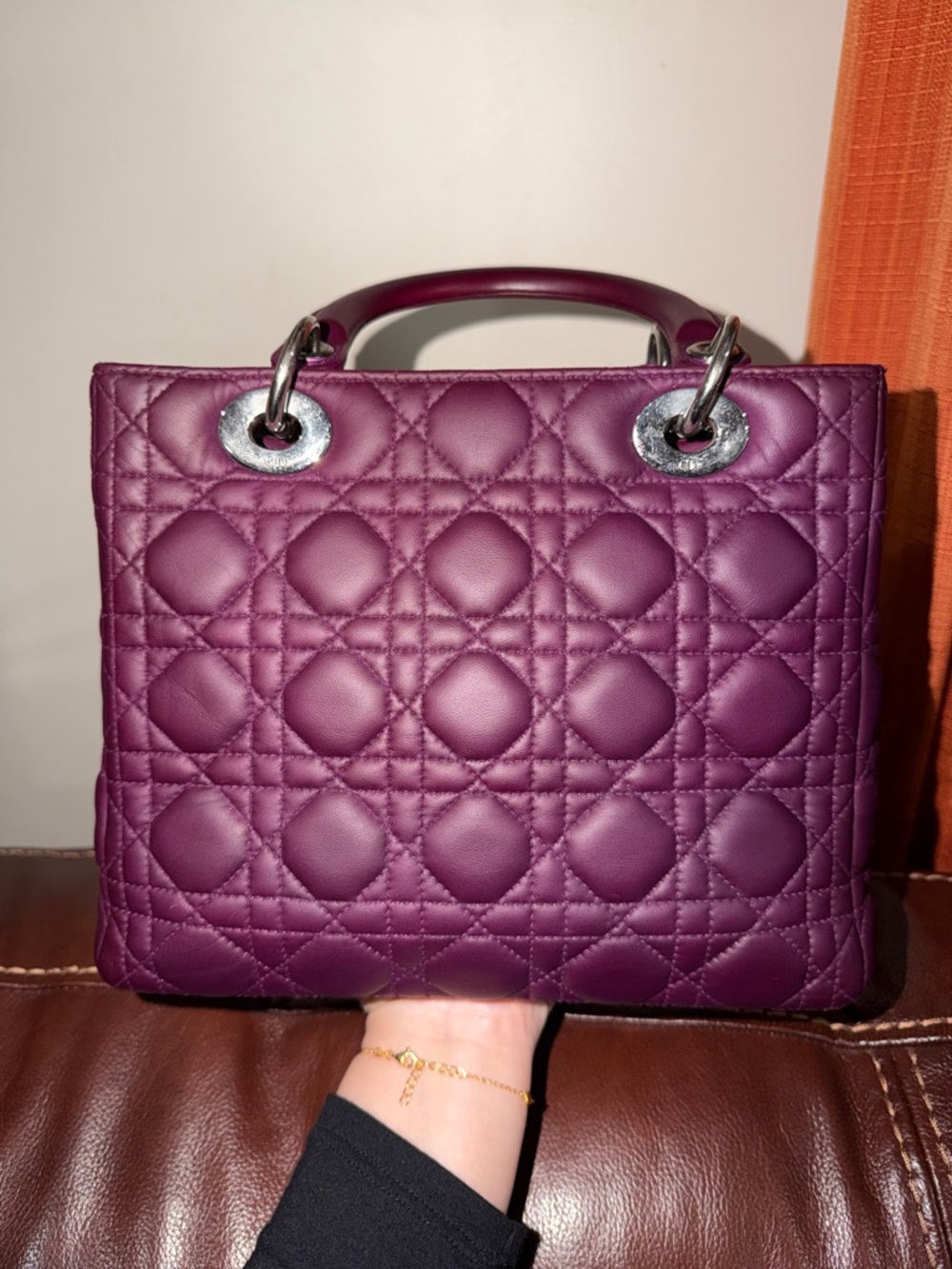 ‼️Authentic Christian Dior Lady Dior Cannage Medium Plum Leather Satchel Bag - Picture 5 of 16